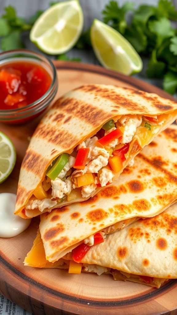 Grilled chicken quesadilla cut into wedges, served with salsa and sour cream on a wooden board.